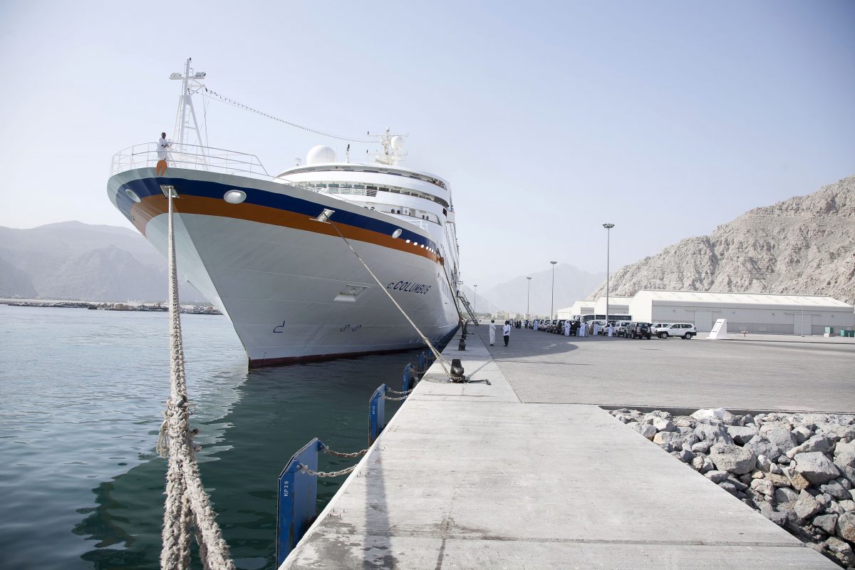 The ship Columbus docked at the port of Khasab, is a welcomed regular visitor to Oman.